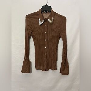 Vintage Claudia Richard Sheer Brown Blouse With Sequin Y2K Size Large